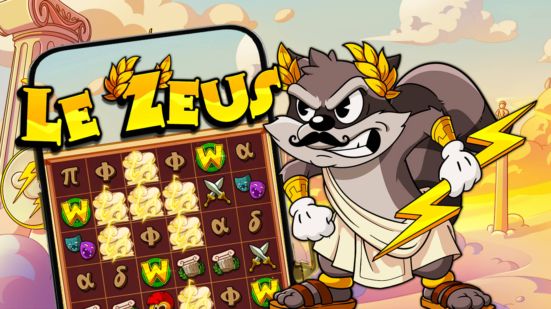 Le Zeus game banner featuring a cartoon raccoon holding lightning.