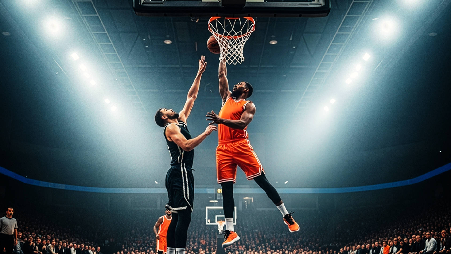two basketball players jumping up to challenge for the ball