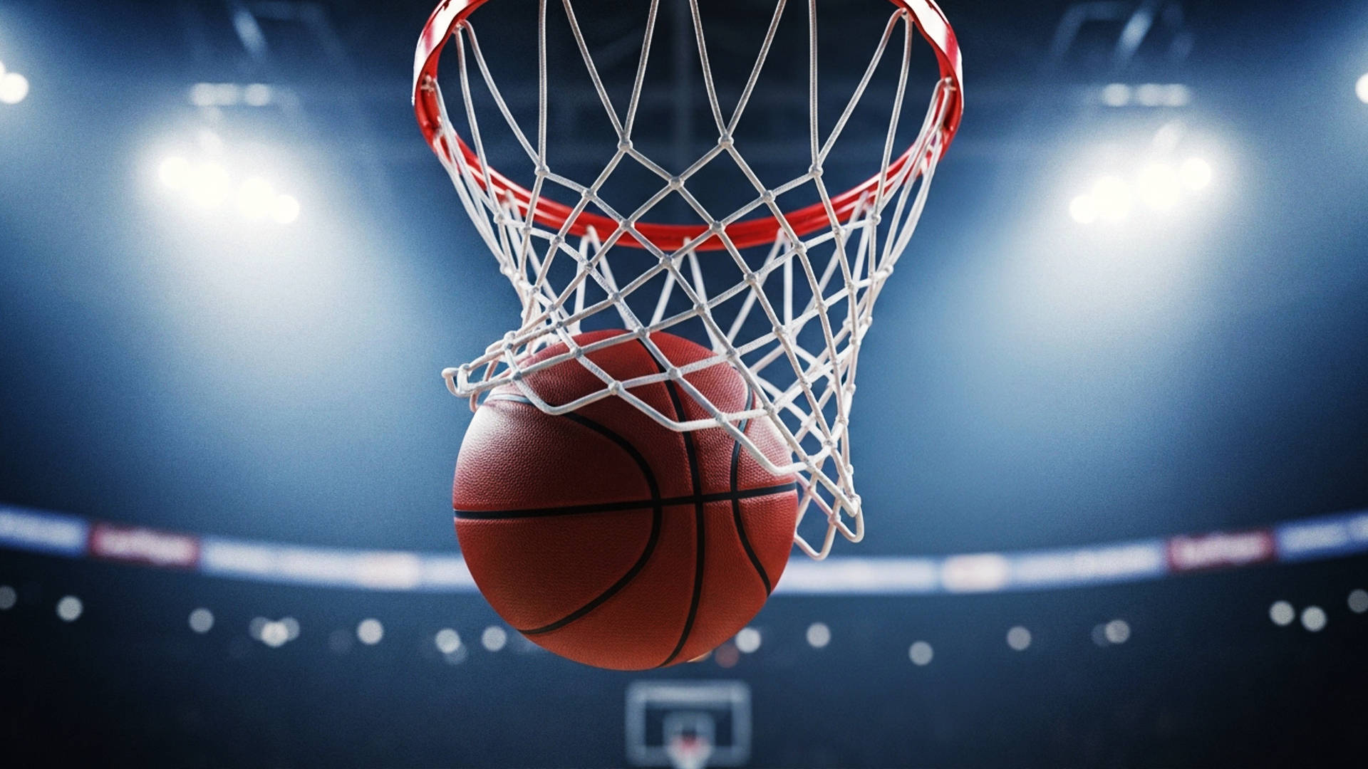 ball falling through basketball net