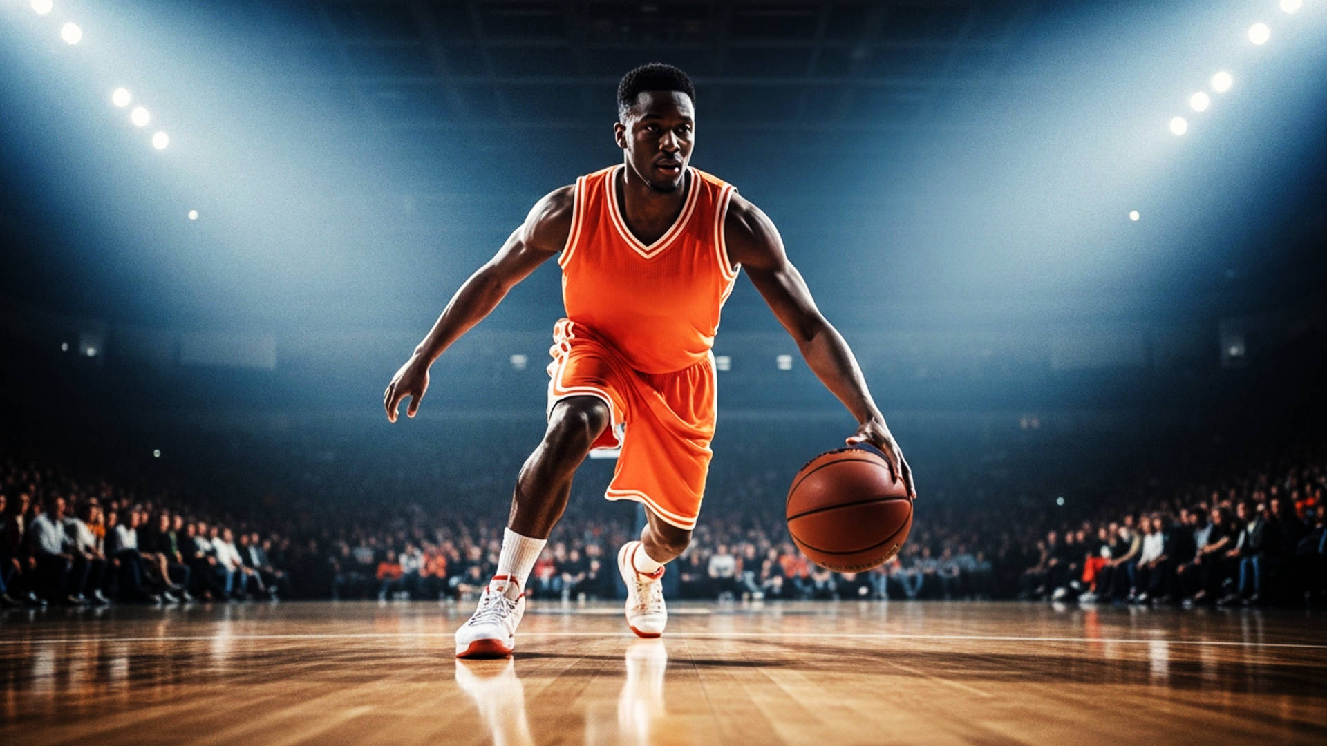 basketball player dribbling the ball low to the ground