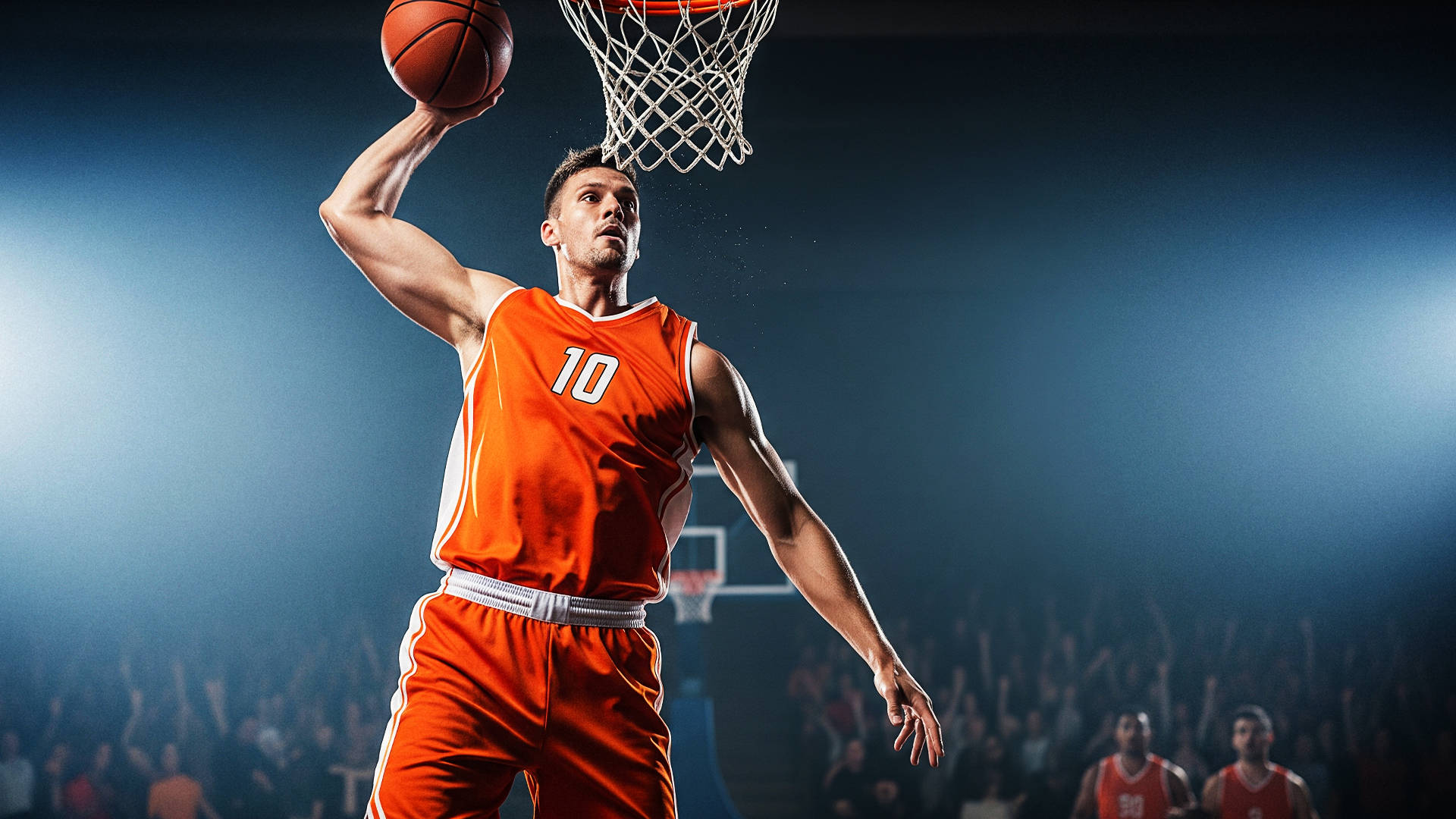 basketball player jumping to dunk the ball