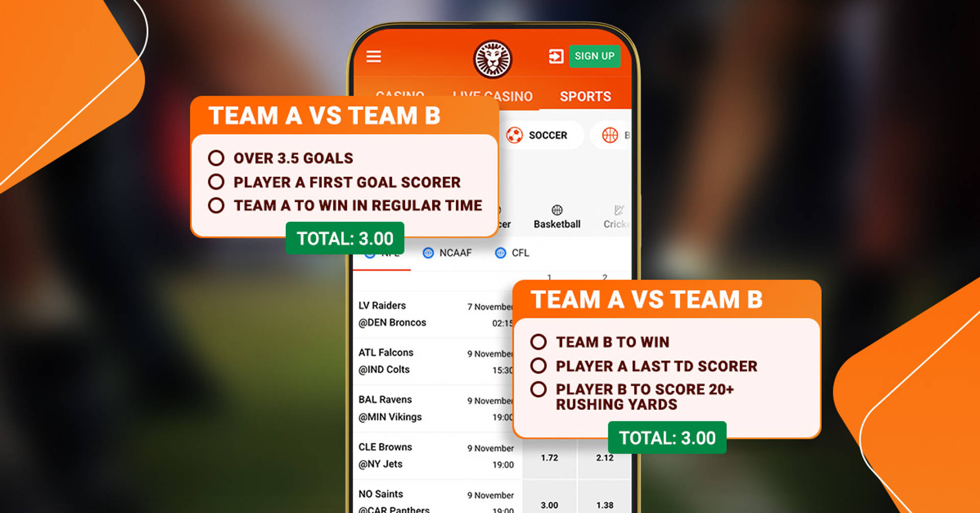 mobile phone displaying a sportsbook and examples of bet builders