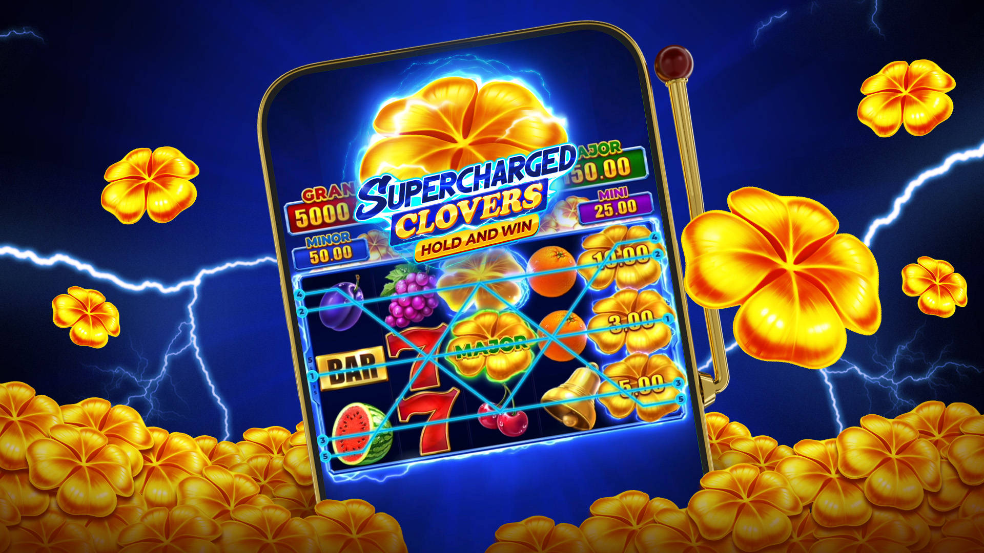 mobile phone with the reels of Supercharged Clovers visible on the screen