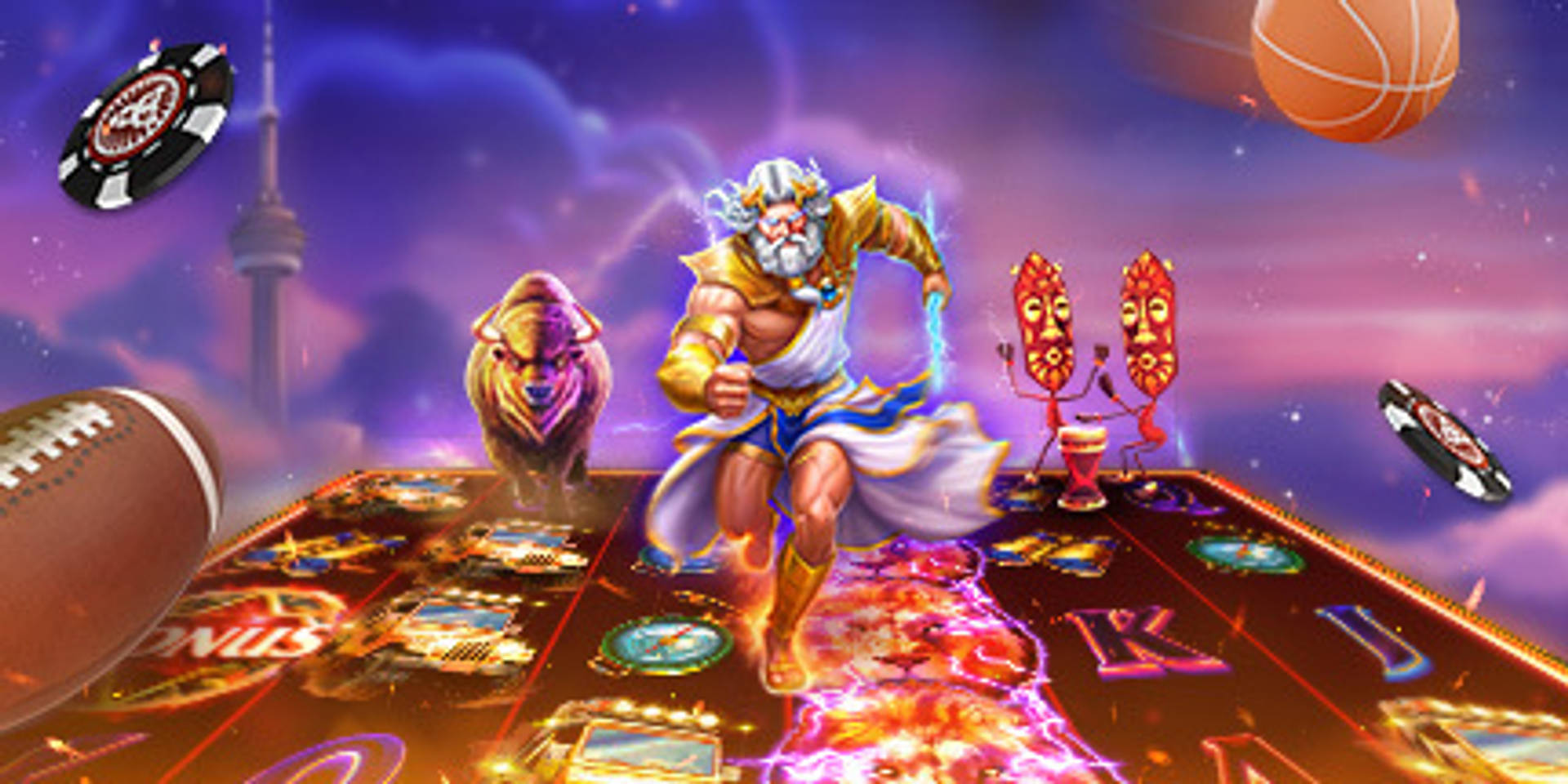 casino banner with slots characters, sports balls and casino chips