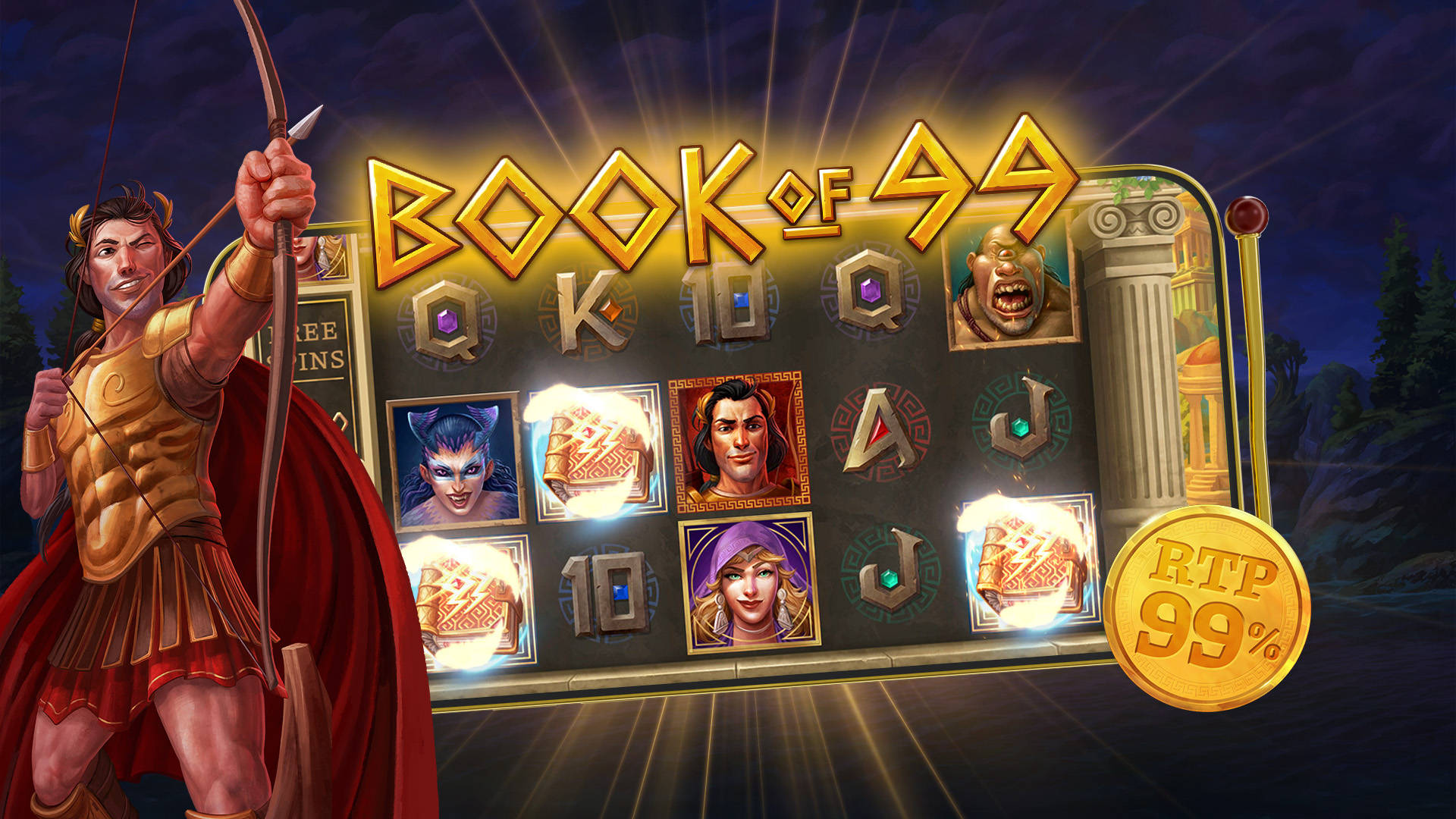 book of 99 graphic showing the reels of the game