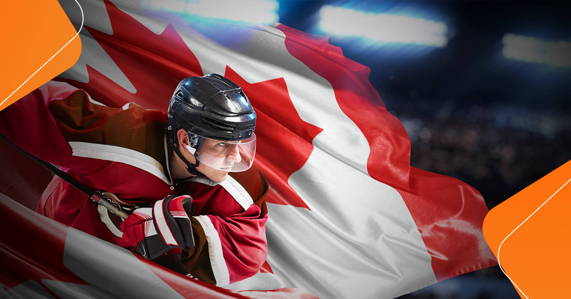 hockey player with a canadian flag swaying behind him