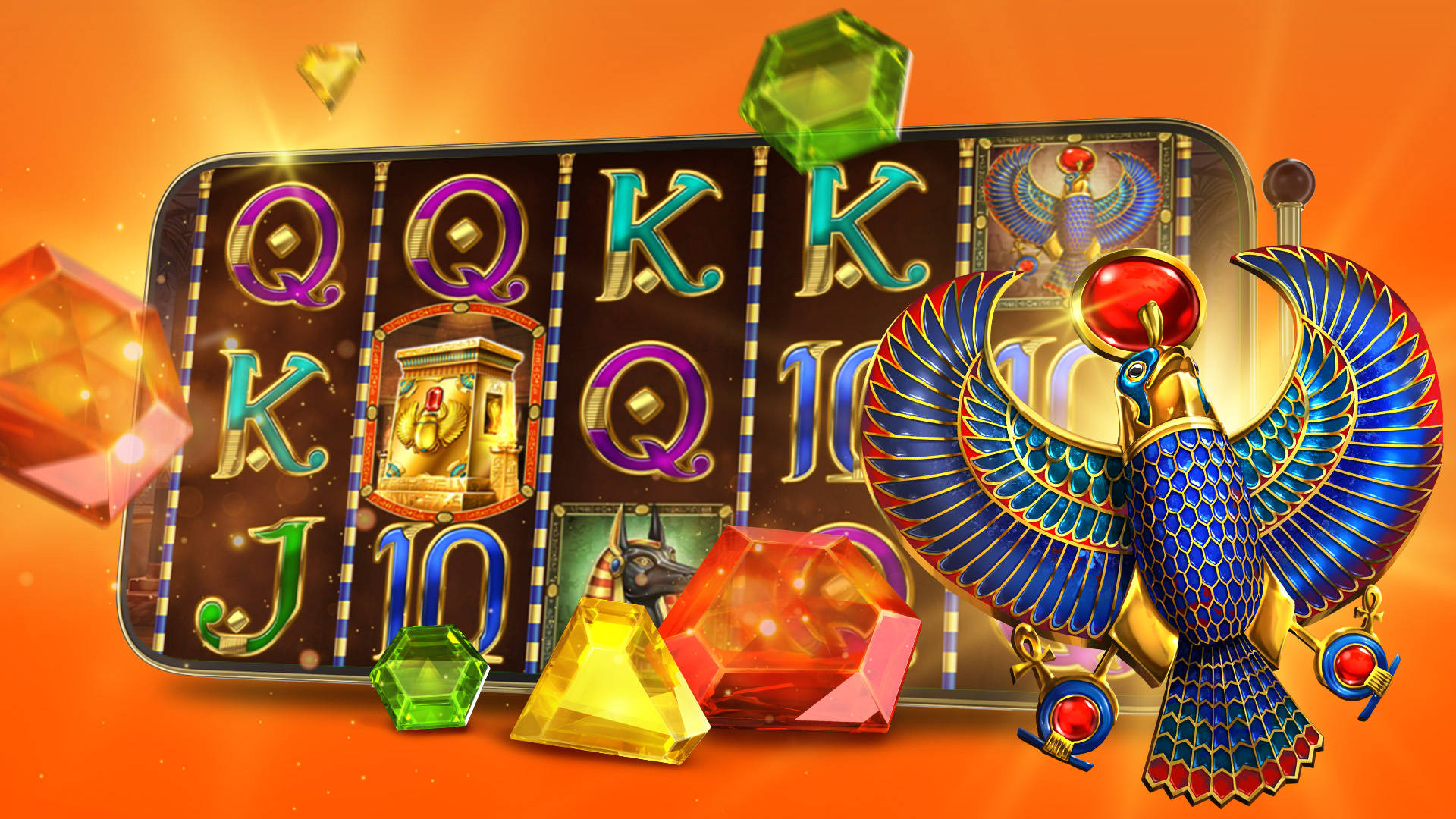 mobile phone displaying video slot reels with ancient egyptian symbols