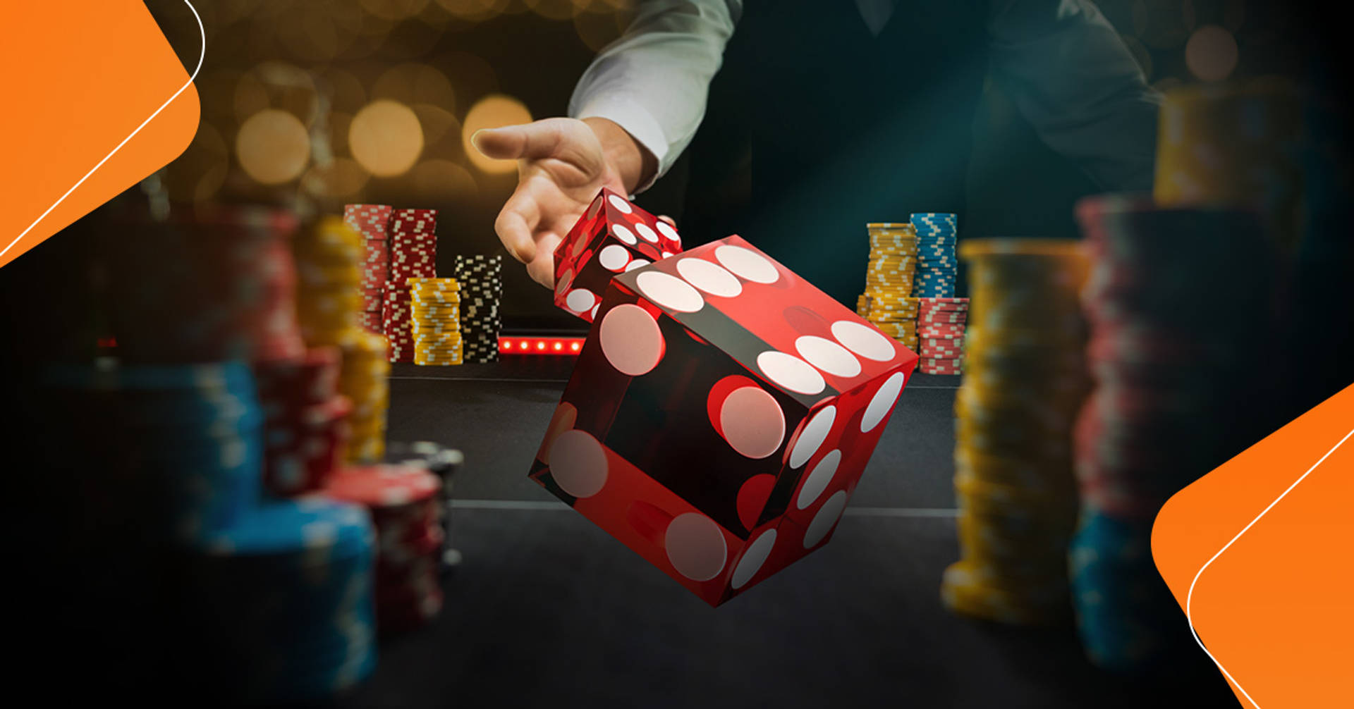dealer throwing dice down a casino table with casino chips stacked either side