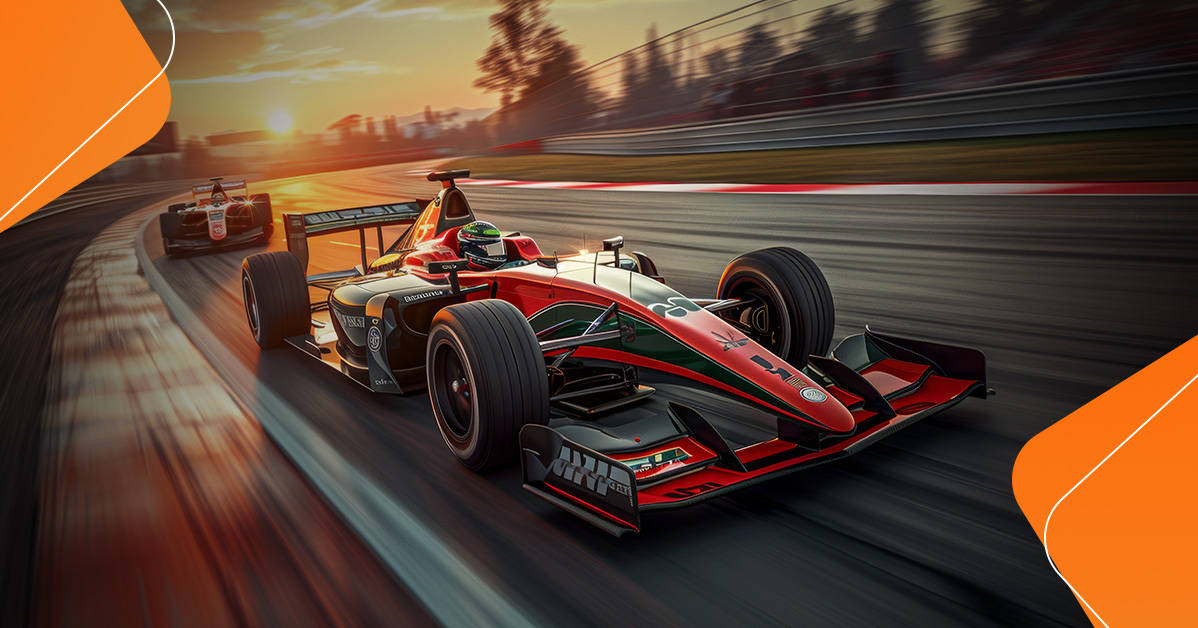 two formula 1 cars taking a corner on the track