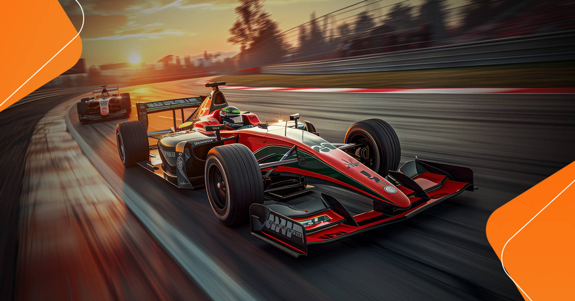 two formula 1 cars taking a corner on the track