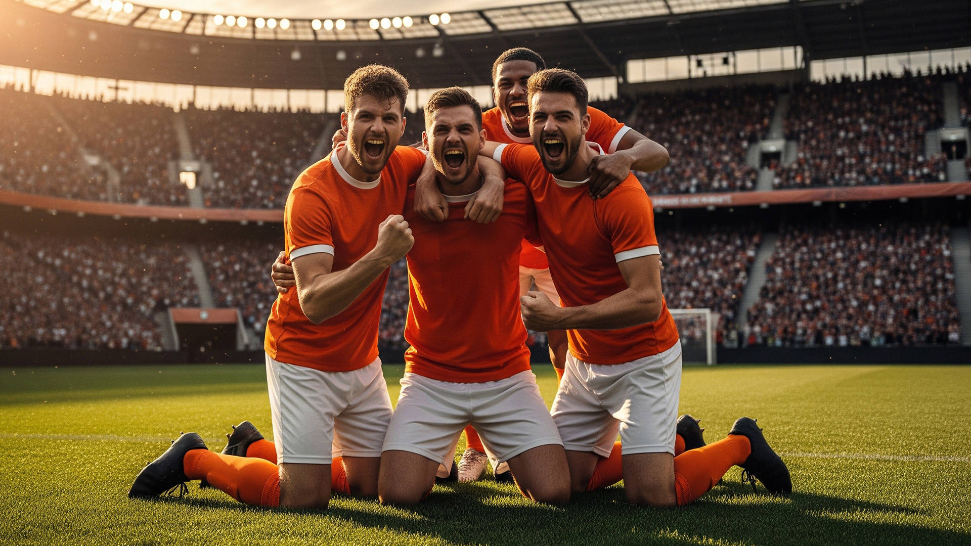 soccer players celebrating together on football pitch