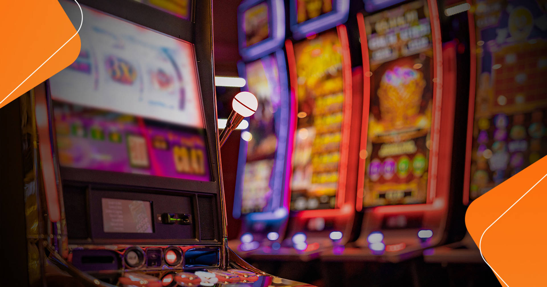 land-based slot machine with four illuminated machines in the backdrop