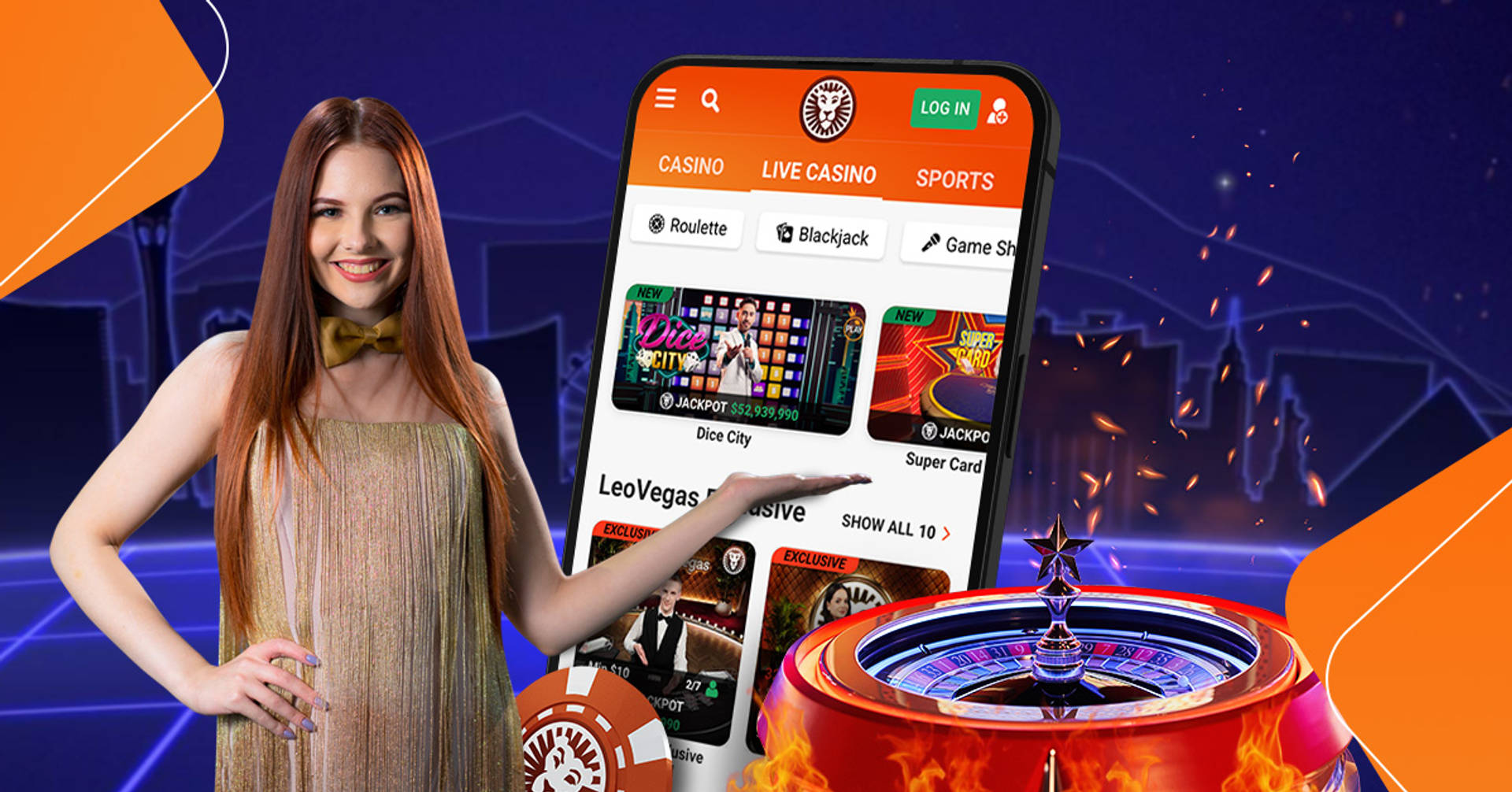 woman pointing towards a mobile phone displaying leovegas' live casino