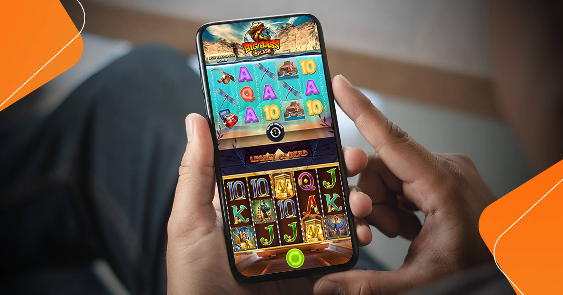 player holding mobile phone with video slots displayed