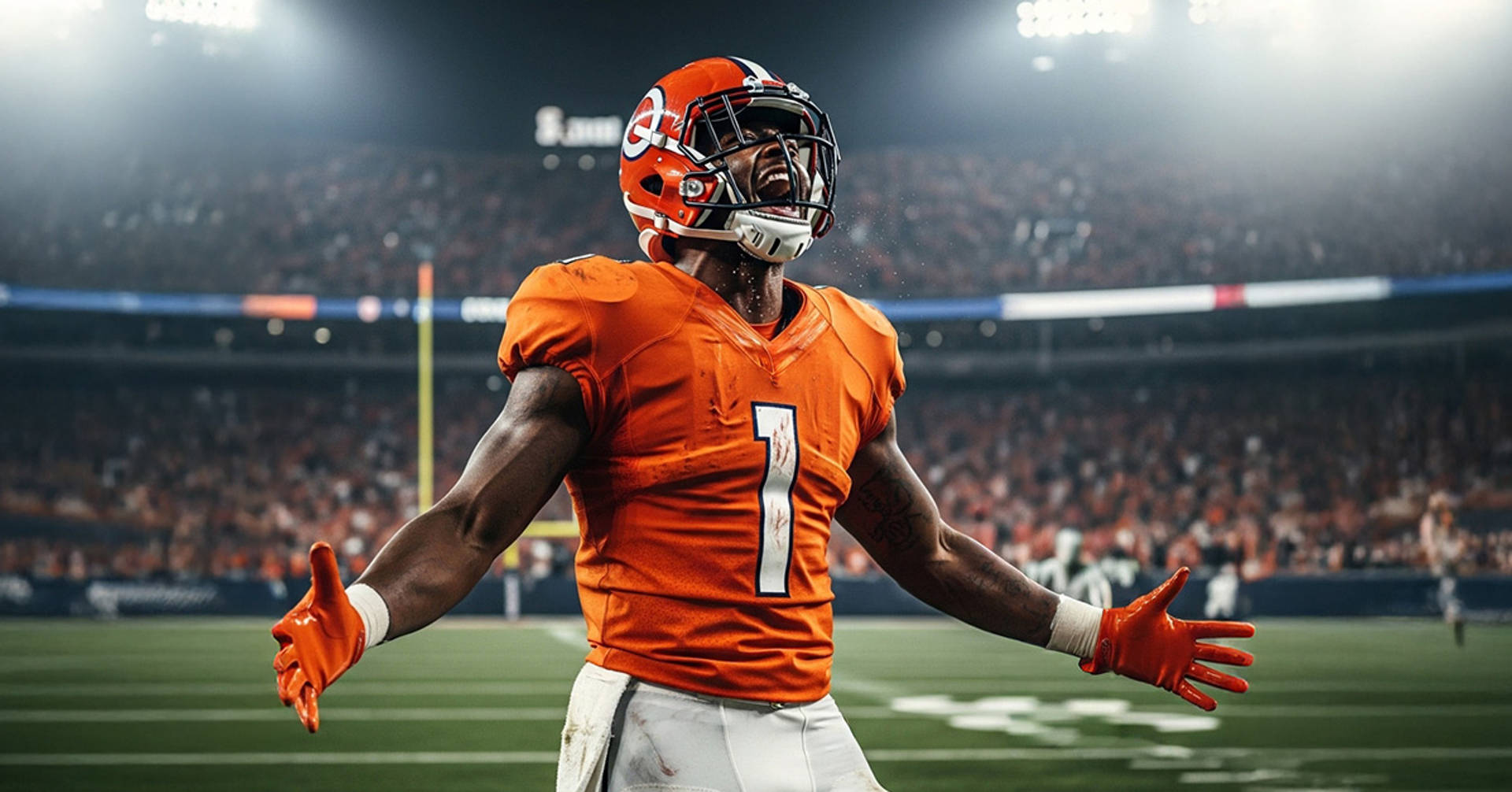 football player celebrating with his arms stretched out wide