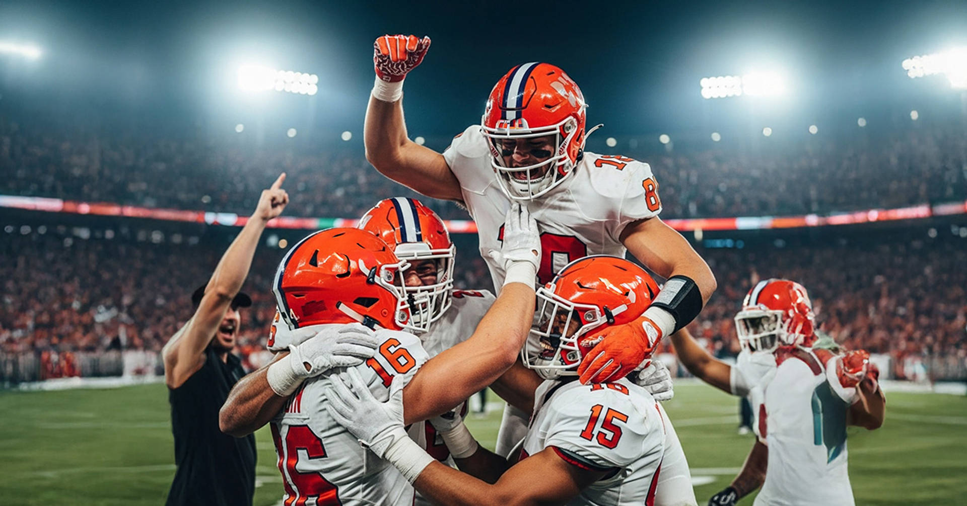 football players celebrating together as a group