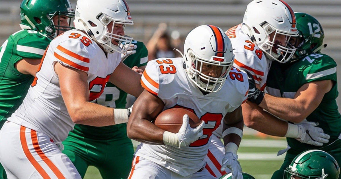 football player running the ball through defences whilst being protected