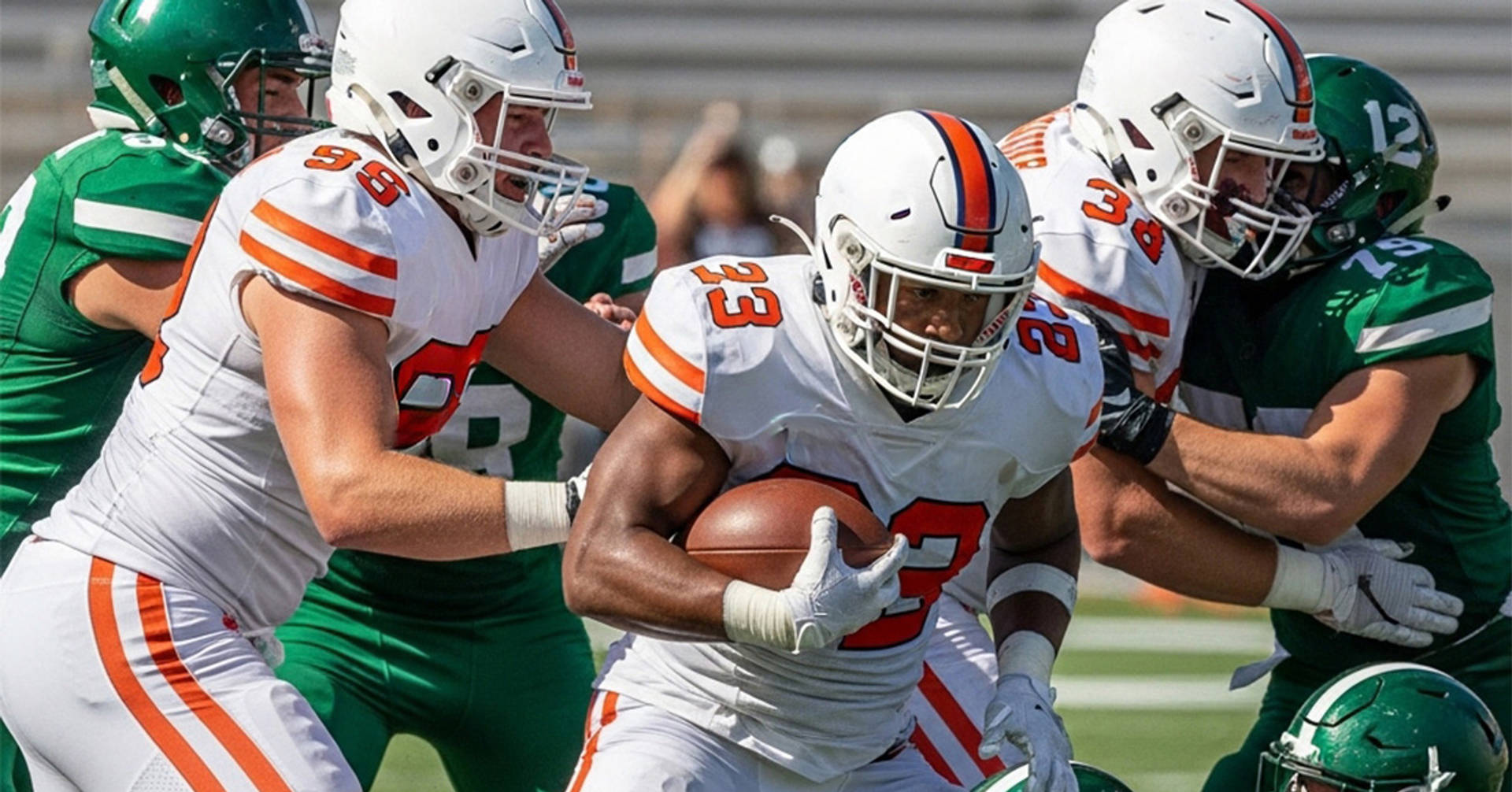 football player running the ball through defences whilst being protected