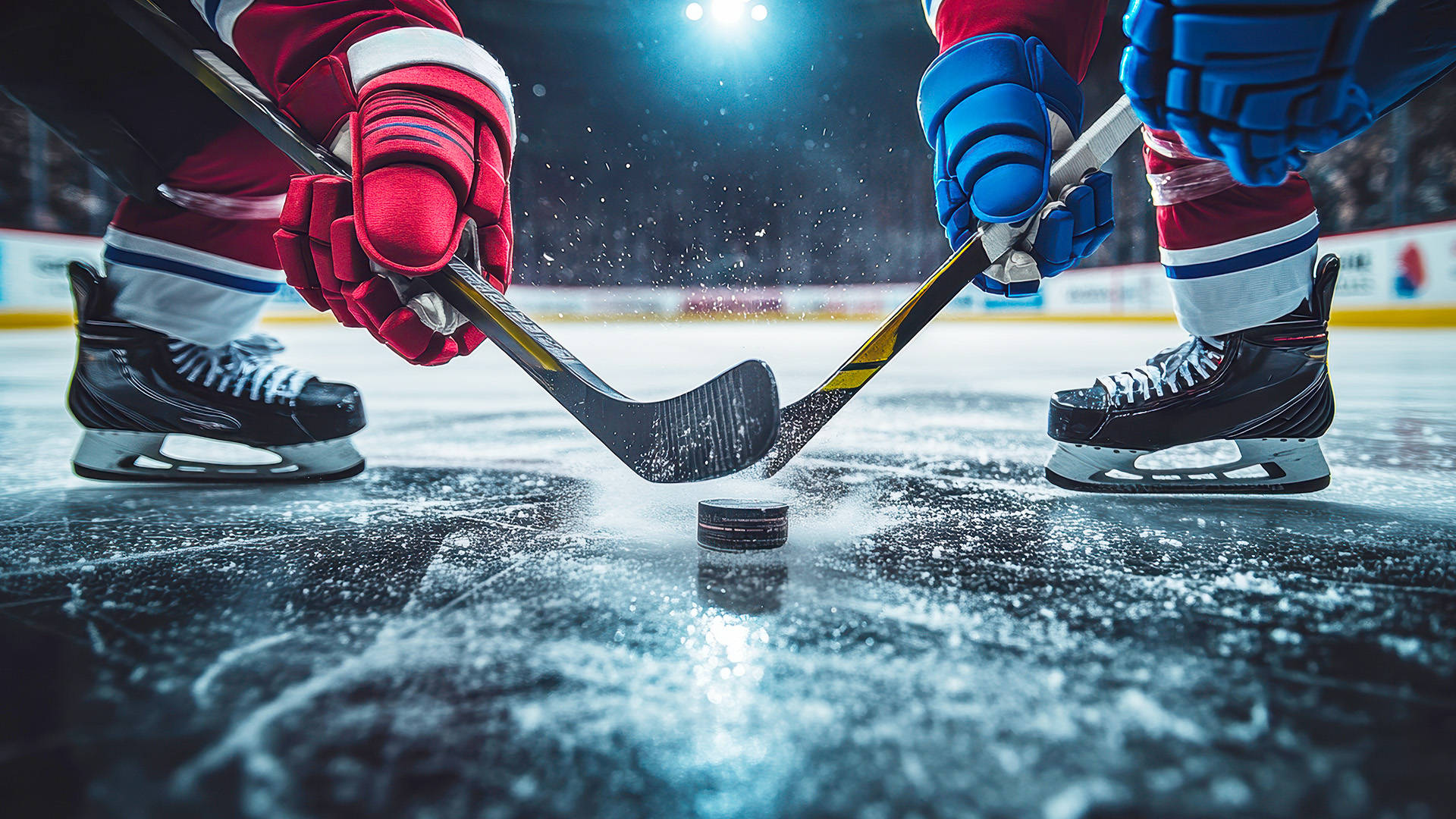 two hockey players clashing their sticks to compete for the puck