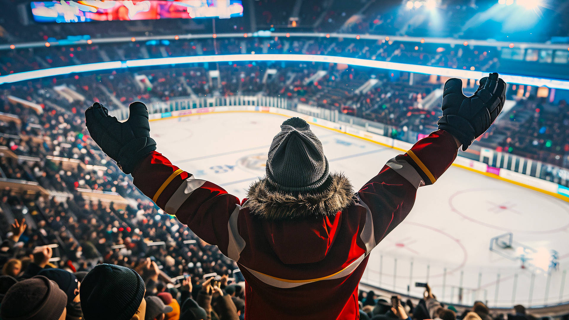 hockey fan celebrating in front of the ice rink