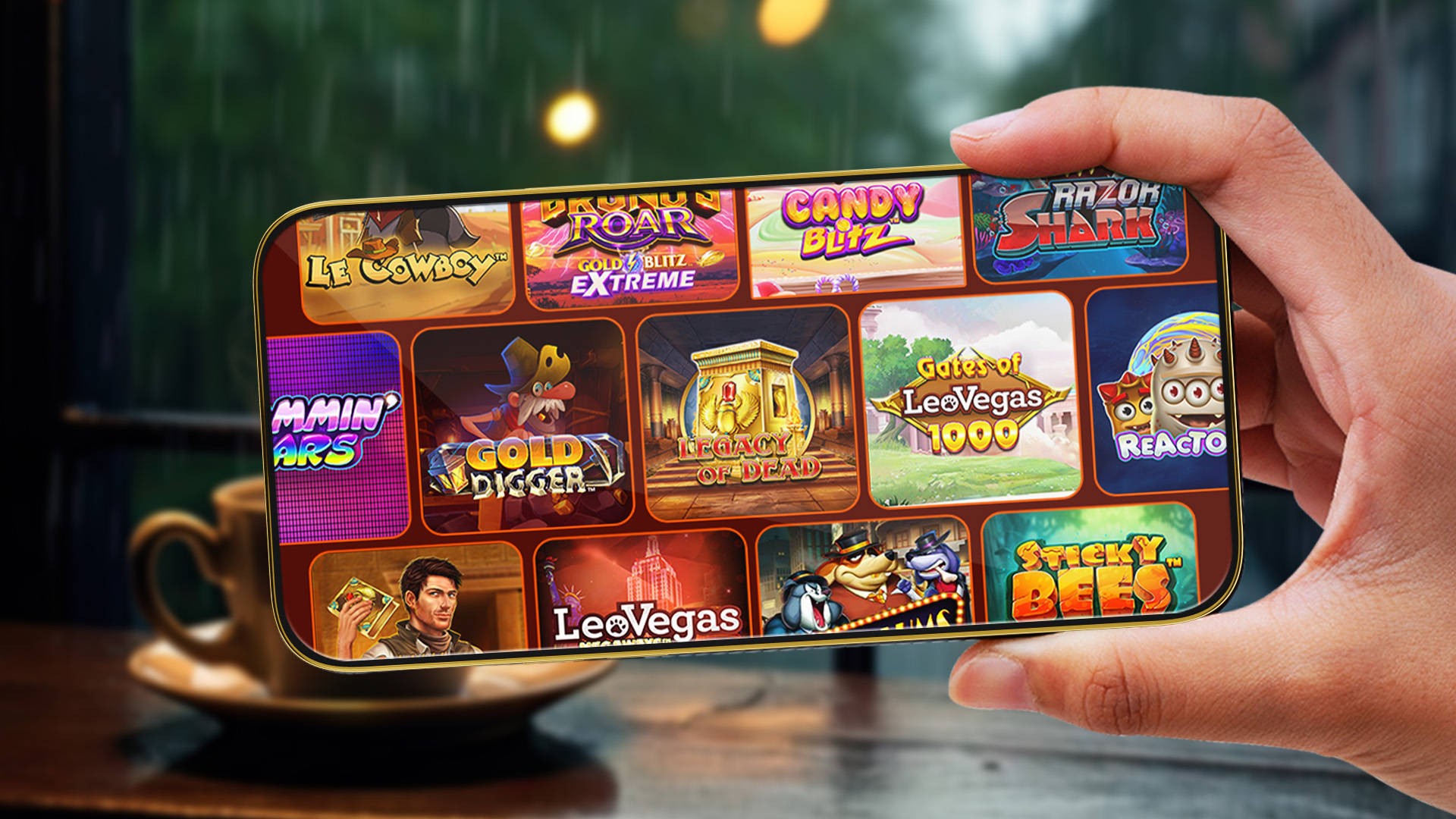 player holding mobile phone displaying slots with rain falling in backdrop