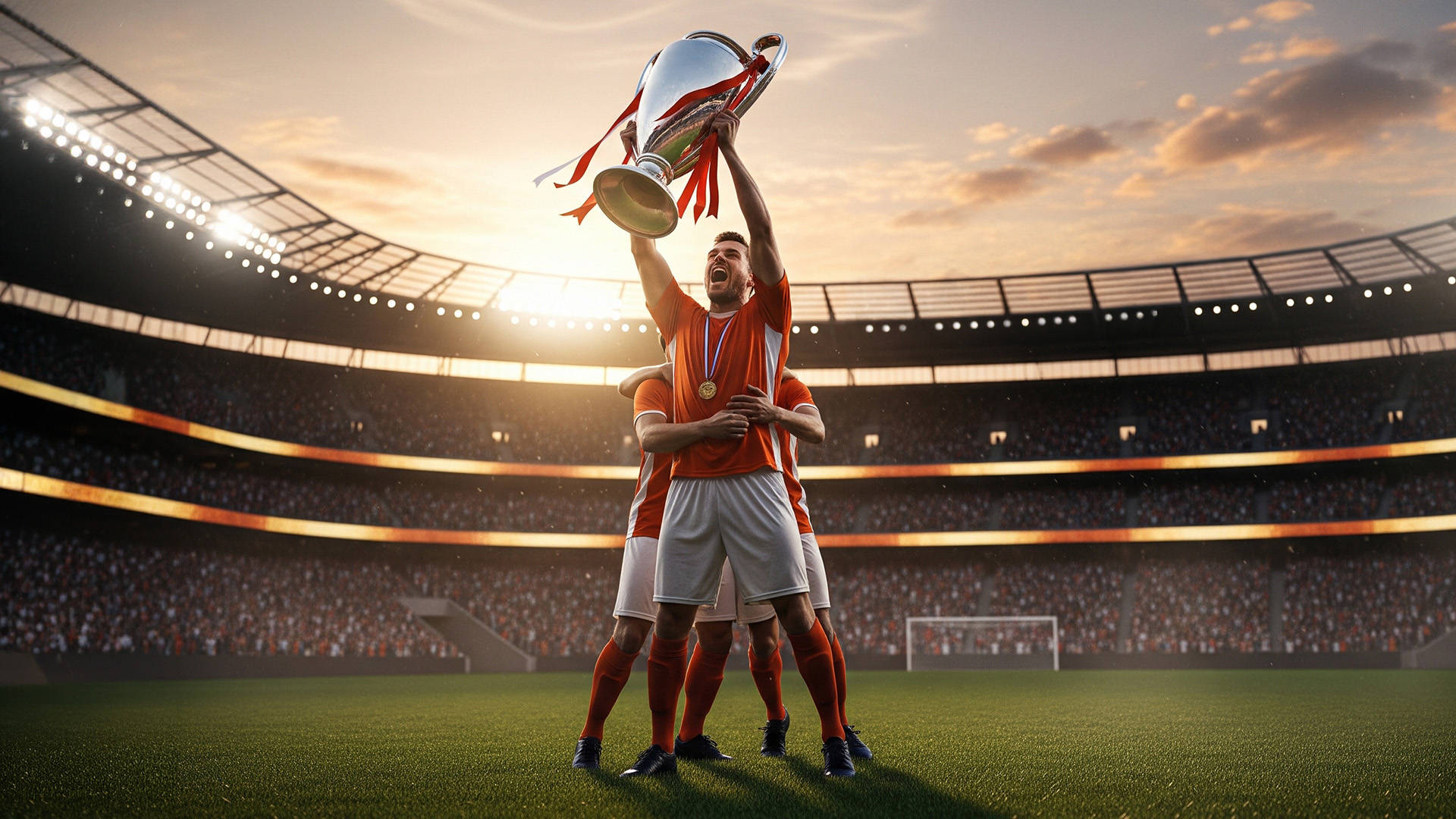 soccer players celebrating with the trophy lifted above their heads