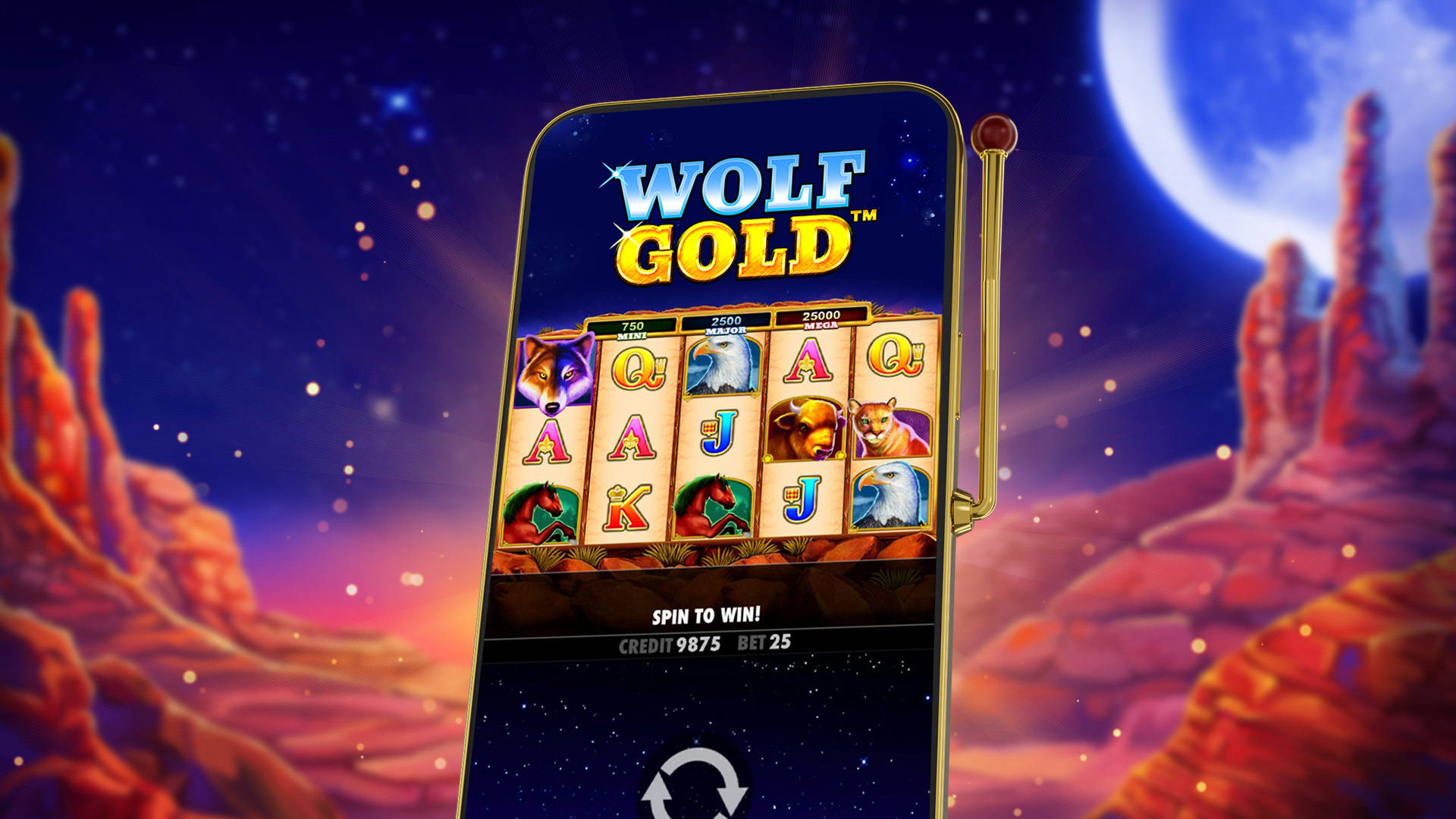 mobile phone with the reels of wolf gold displayed