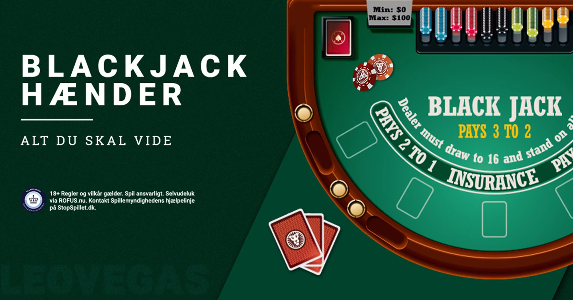 To hænder ved blackjackbord med kort og jetoner foran dealer