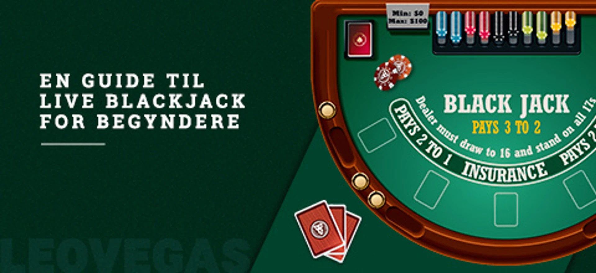 Blackjackbord med kort og chips, der viser blackjack regler for begyndere