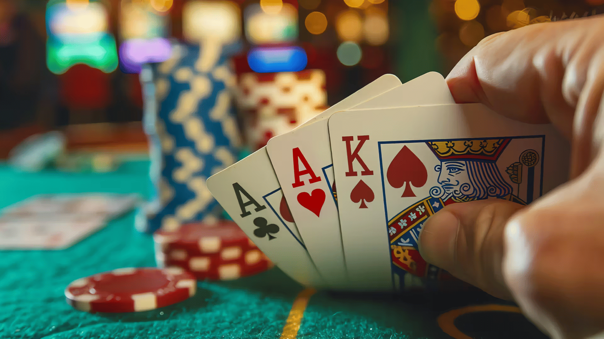 Pokerhånd med es og konge på casinobord med chips