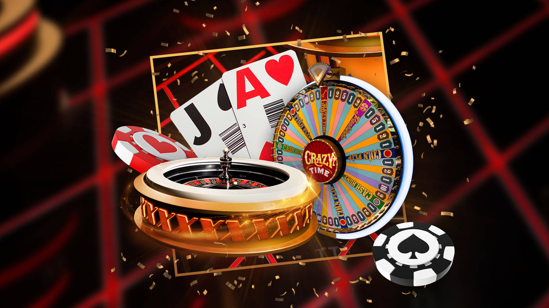 Roulettehjul, spillekort og lykkehjul med chips i casino-tema