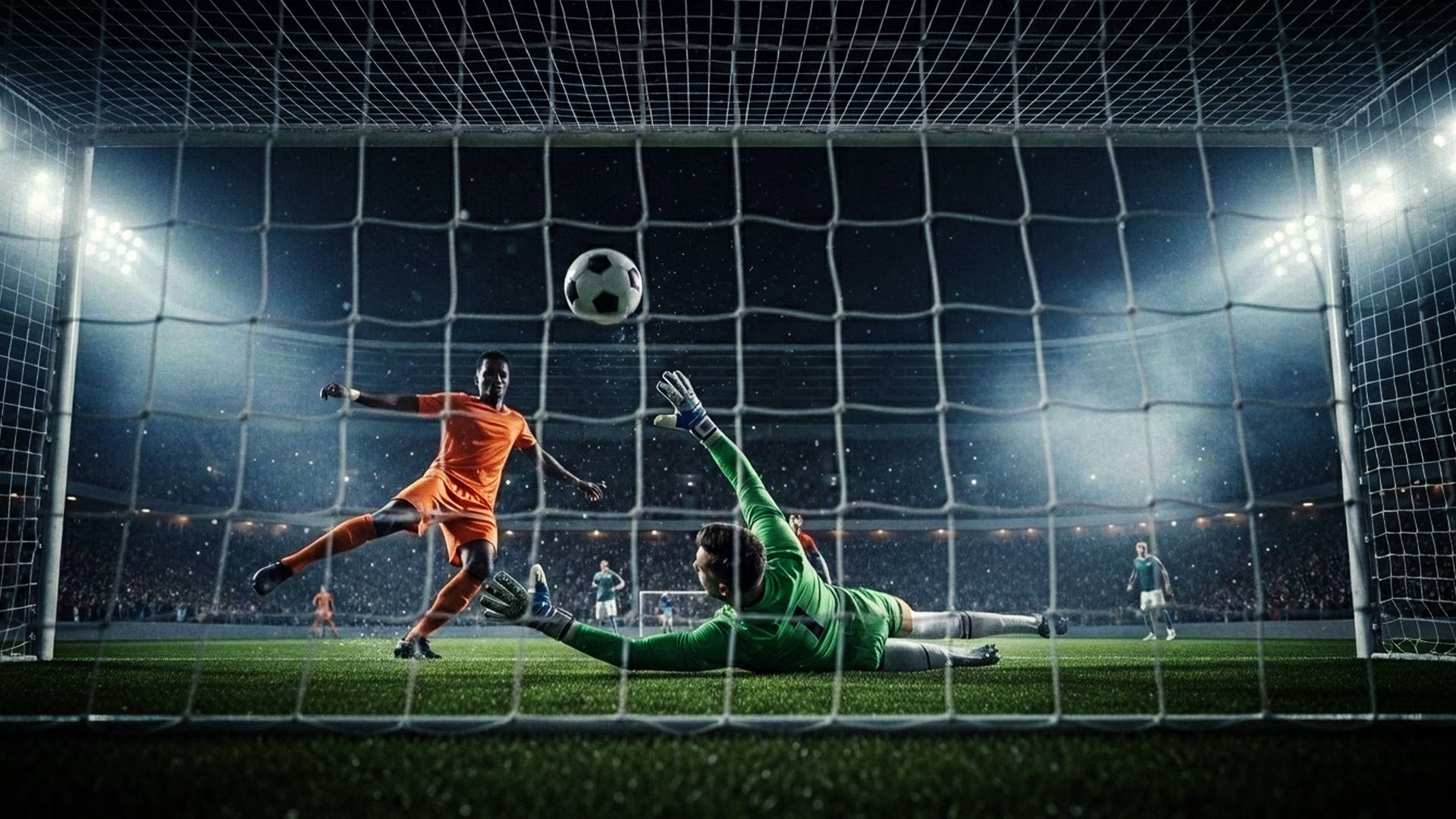 Fodboldspiller scorer mål forbi målmand i kamp på stadion