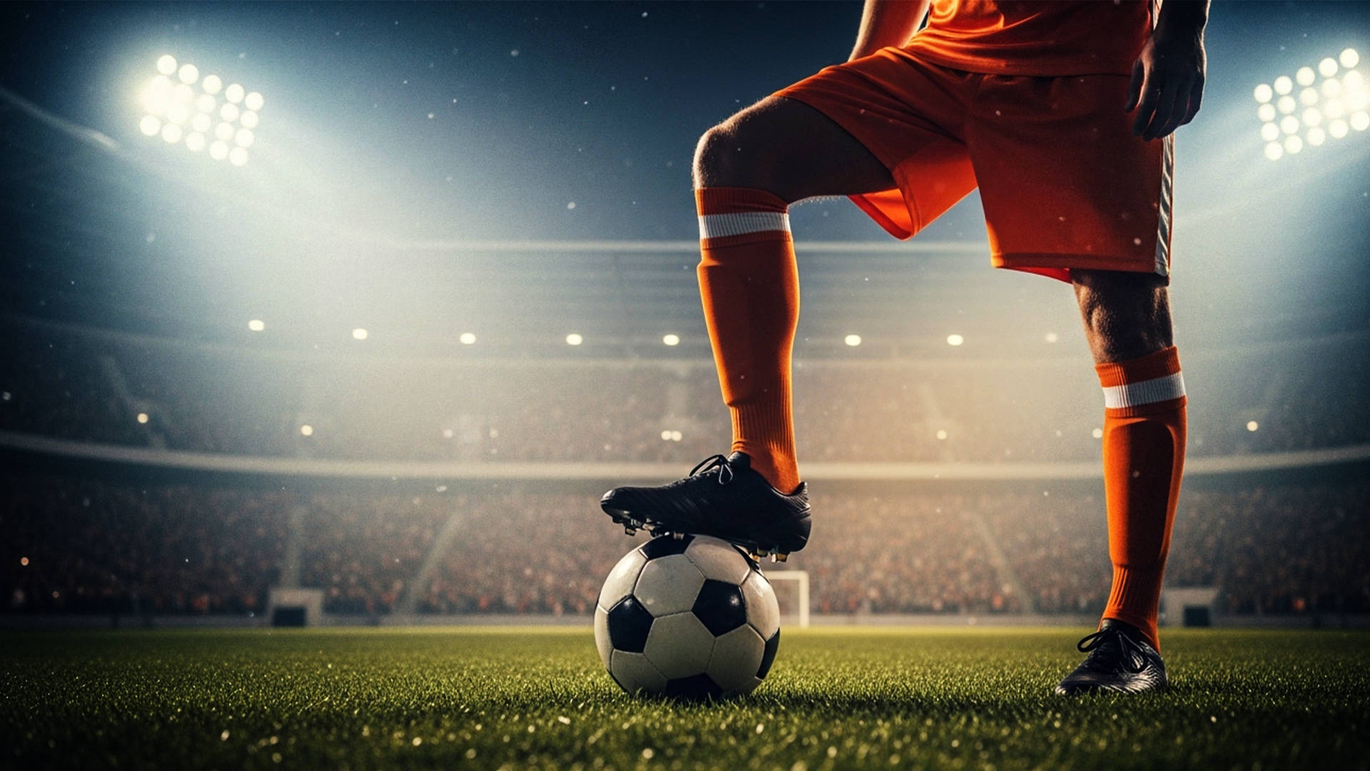 Fodboldspiller med foden på bolden på stadion under kamp