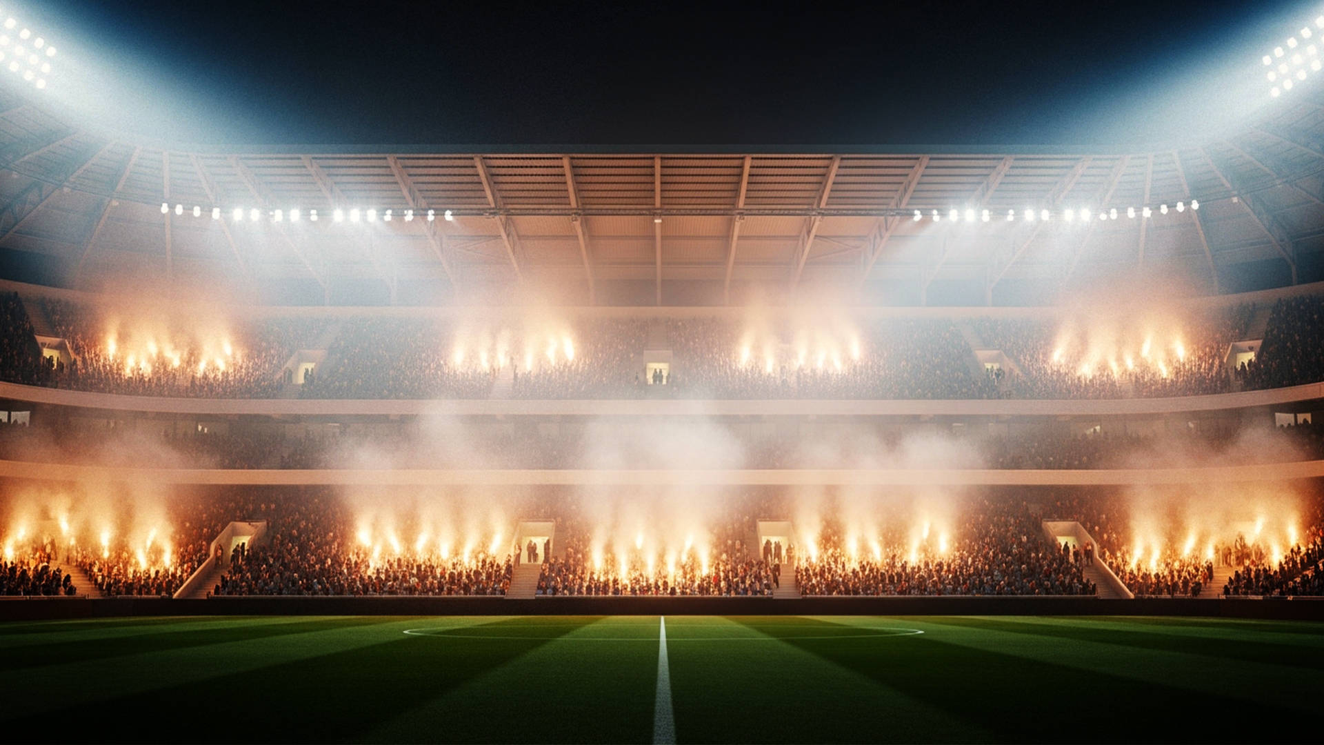 Fyldt fodboldstadion med lys og fans under kamp