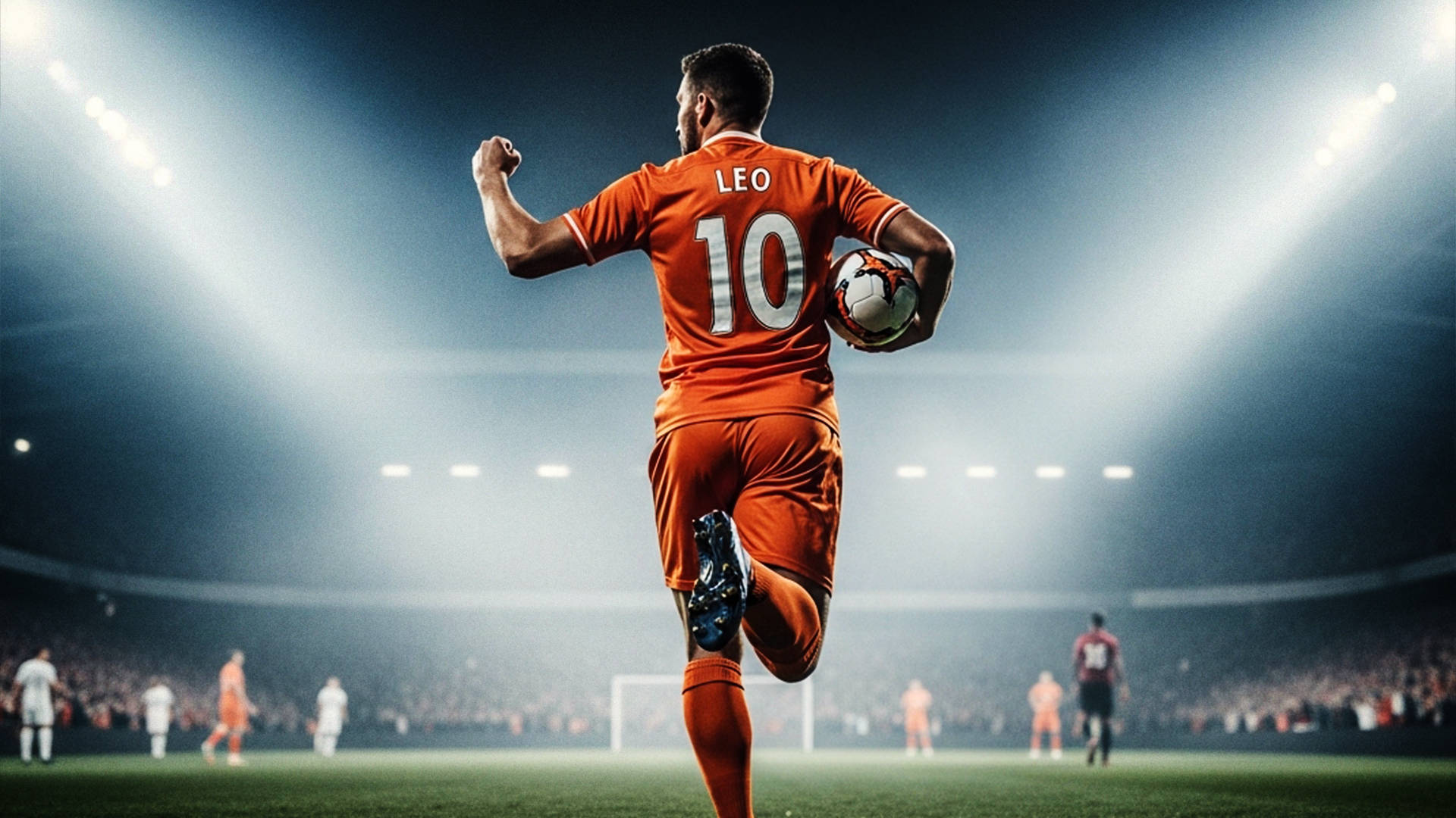 Fodboldspiller i orange trøje med nummer 10 og navnet “LEO” løber med bolden i hånden på en oplyst bane med stadion og spillere i baggrunden.