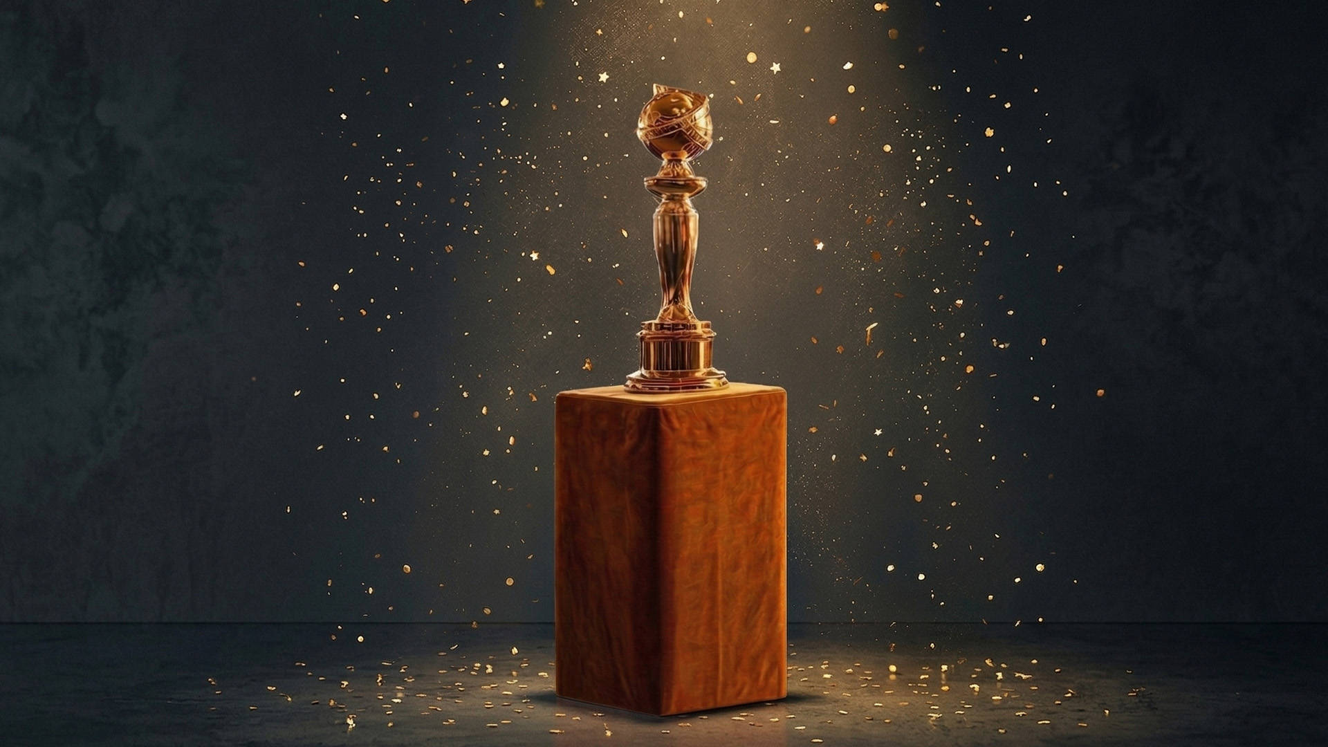 Gylden pokal på en træpodie omgivet af glitrende konfetti mod en mørk baggrund.