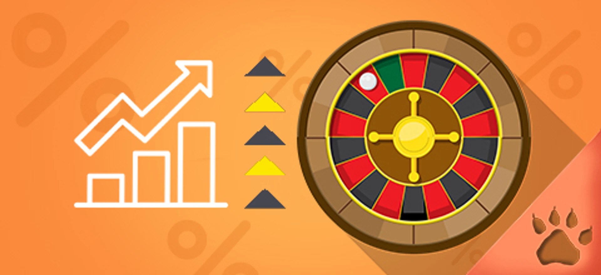 Roulettehjul med søjlediagram og pile, brugt i kontekst af roulette strategi på orange baggrund