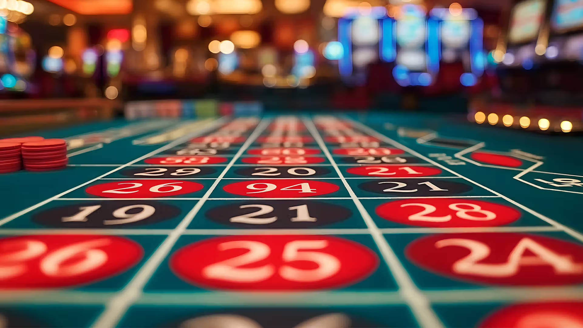 Roulettebord med tal og indsatsfelter i casino med slørede spillemaskiner i baggrunden