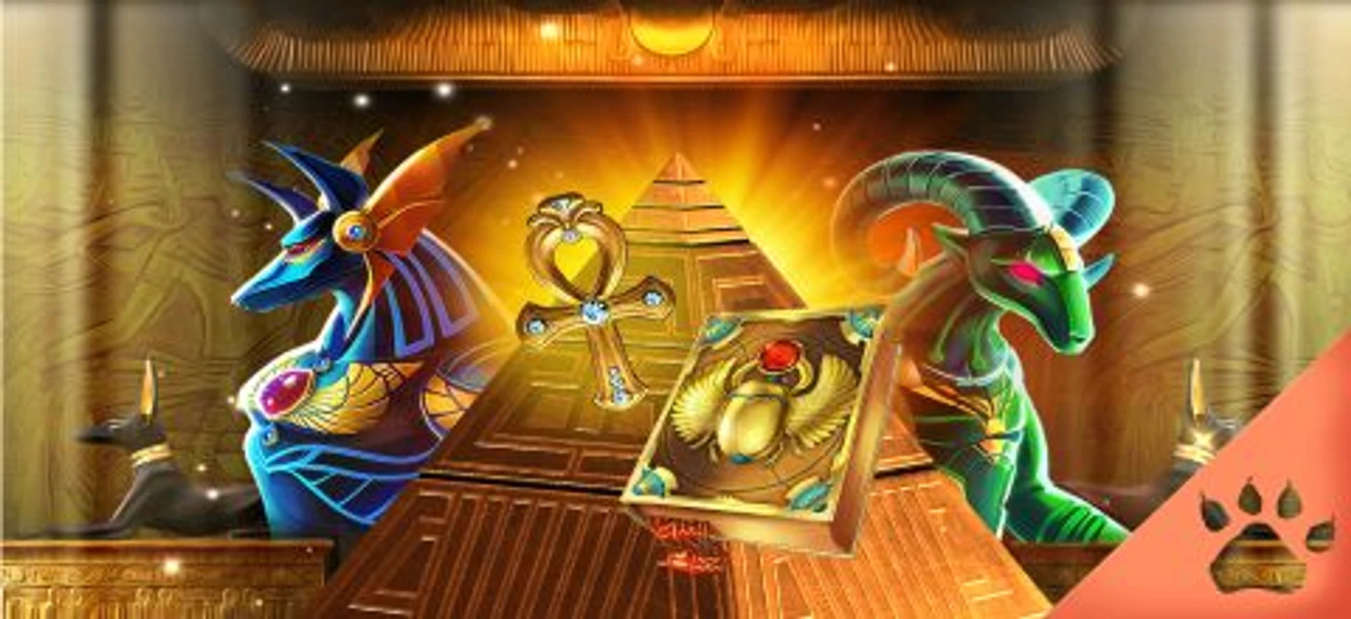 Animerede egyptiske guder, pyramider og symboler fra en spilleautomat med egyptisk tema