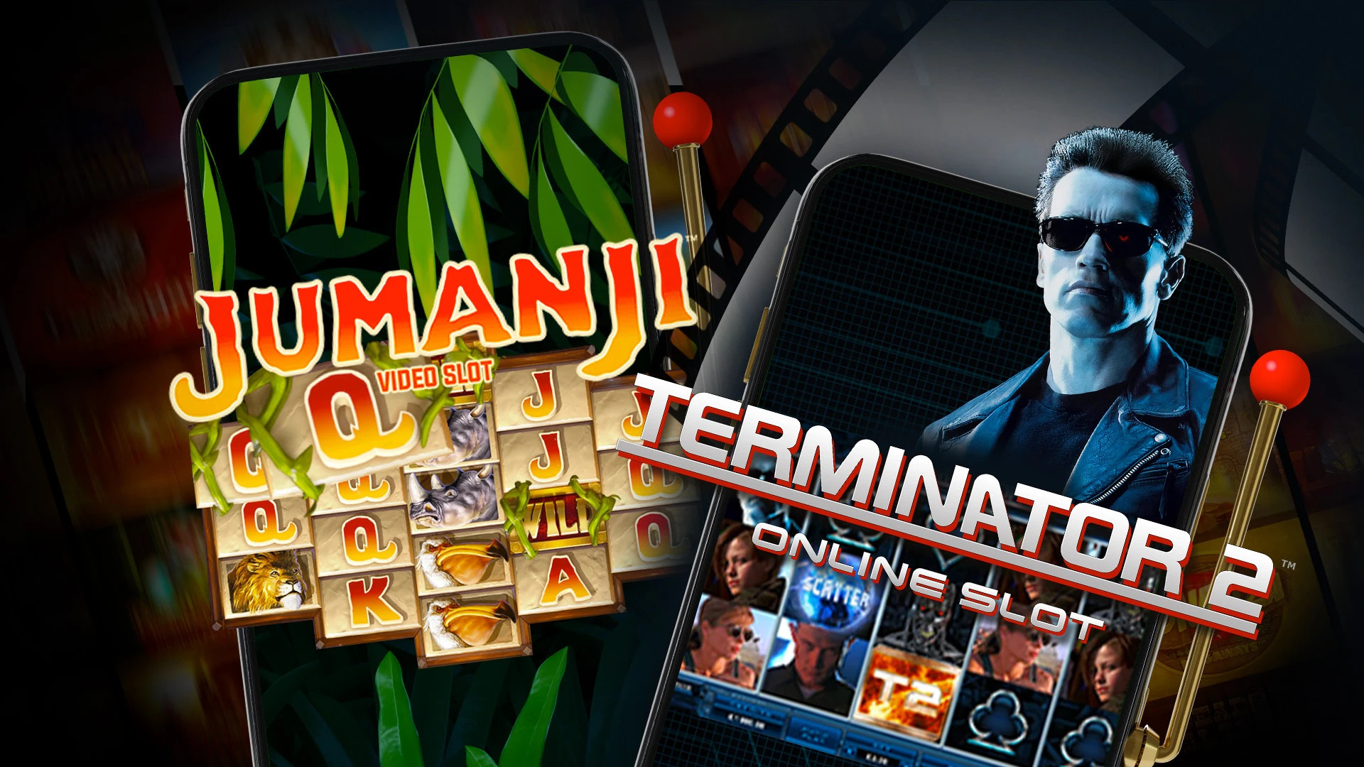 Jumanji og terminator spillemaskiner vist på en telefon