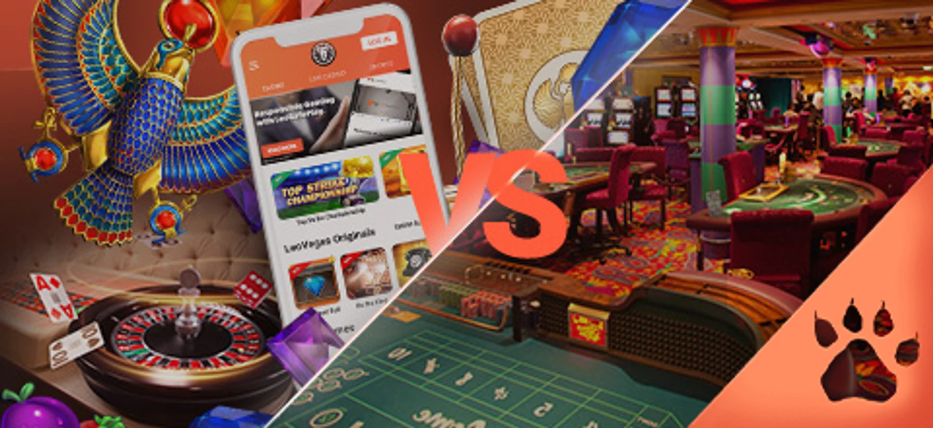 Sammenligning af online casino med mobilskærm og klassisk fysisk casino med spilleborde og automater