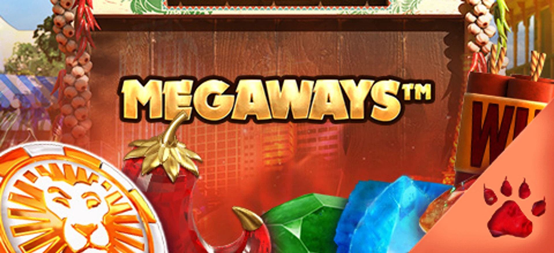 Megaways-logo foran spilleelementer som juveler, chili og wild-symbol fra en online spillemaskine