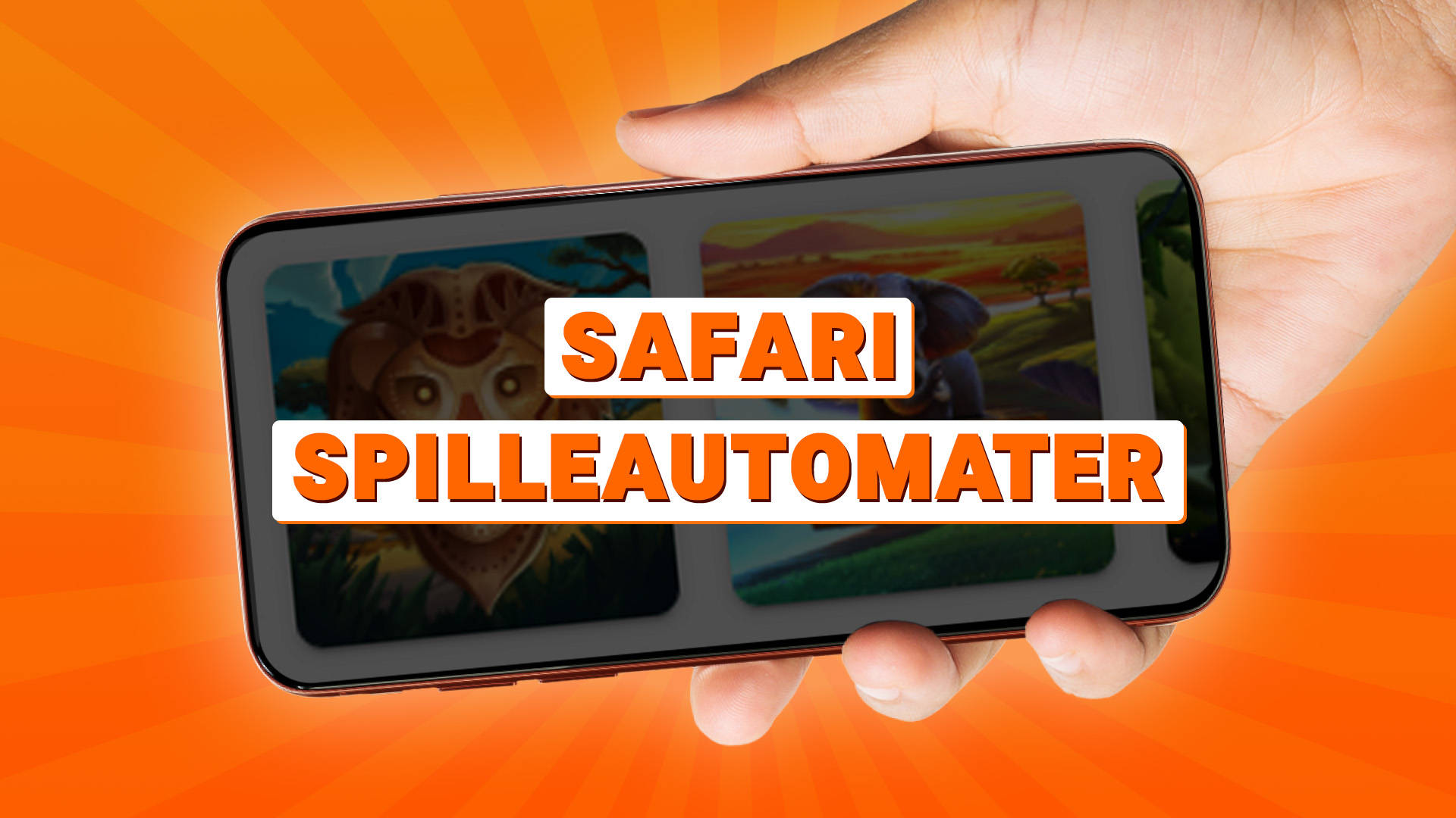 Mobiltelefon viser Safari Spilleautomater i hånden.