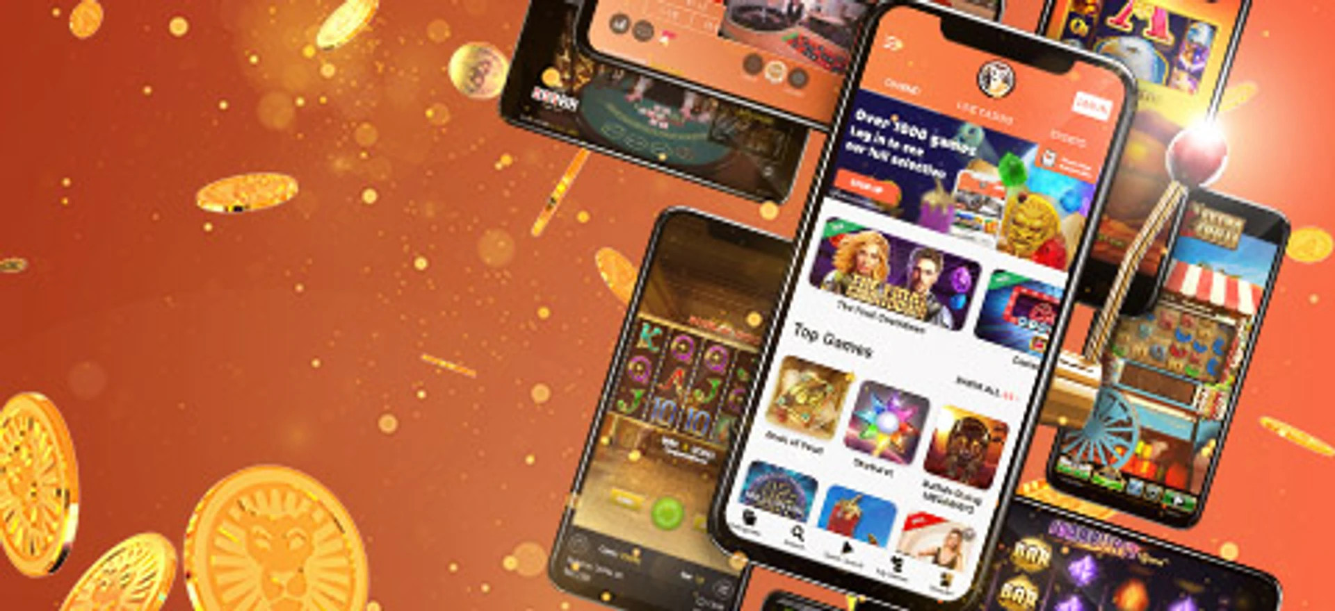 Mobilskærme med LeoVegas casino-app, spilleautomater og mønter i luften på en orange baggrund.