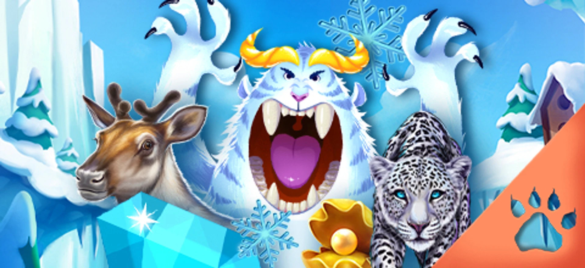 Tegnet rensdyr, snemonster og sneleopard foran isklipper og snelandskab fra vinter spillemaskiner