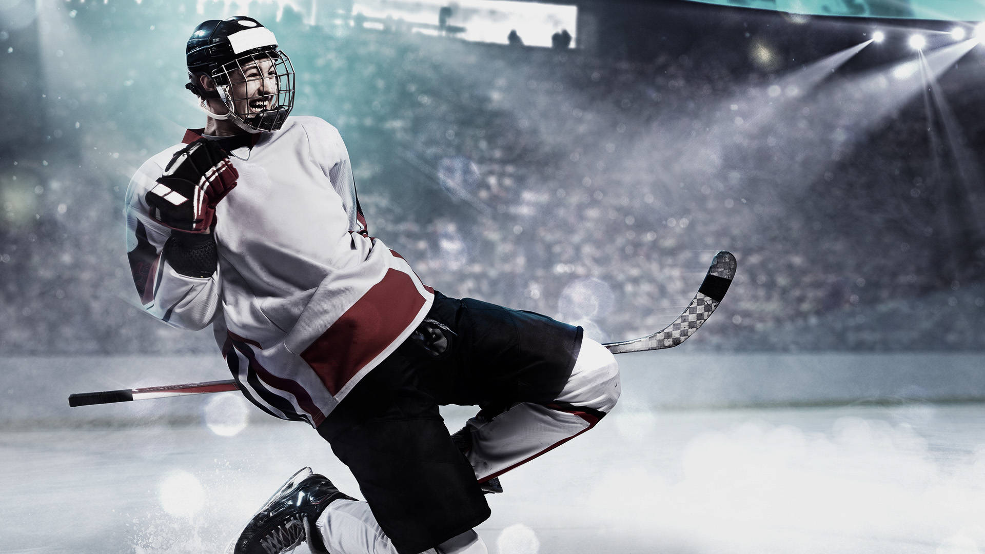 Hockeyspiller fejrer en scoring på isen foran et publikum.