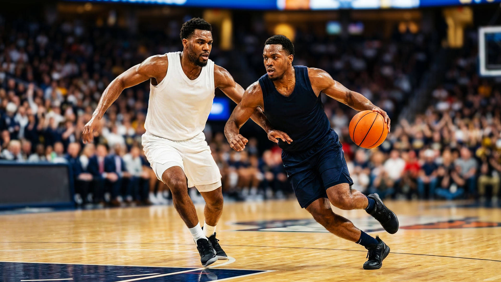 Basketballspiller dribler forbi modspiller under kamp