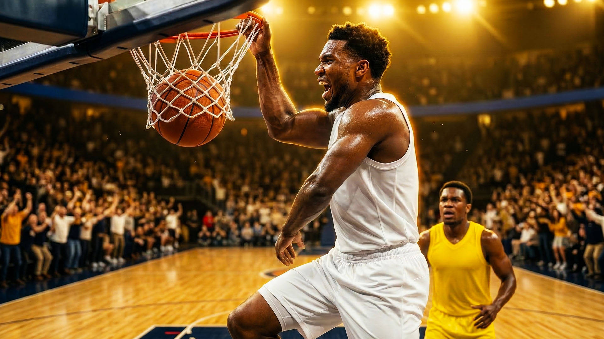 Basketballspiller dunker bolden i kurven under kamp