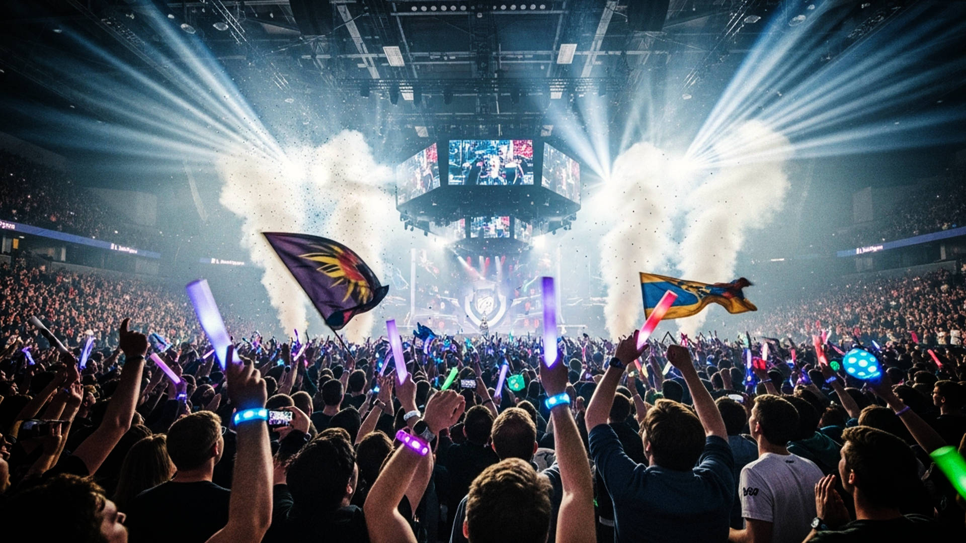 Publikum til esport event med lys, scene og storskærm