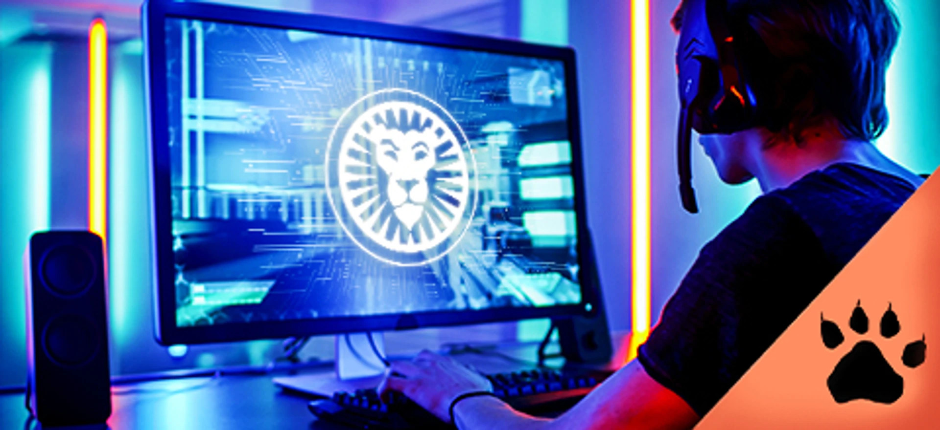 Gamer foran computerskærm med LeoVegas-logo i et neonoplyst rum